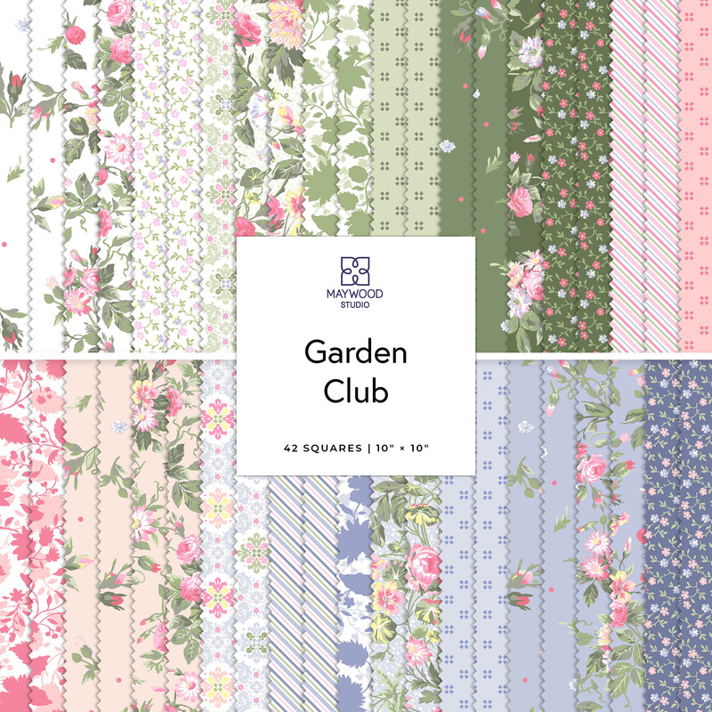 A collage of floral fabrics from the Garden Club collection in shades of white, green, pink, and blue.