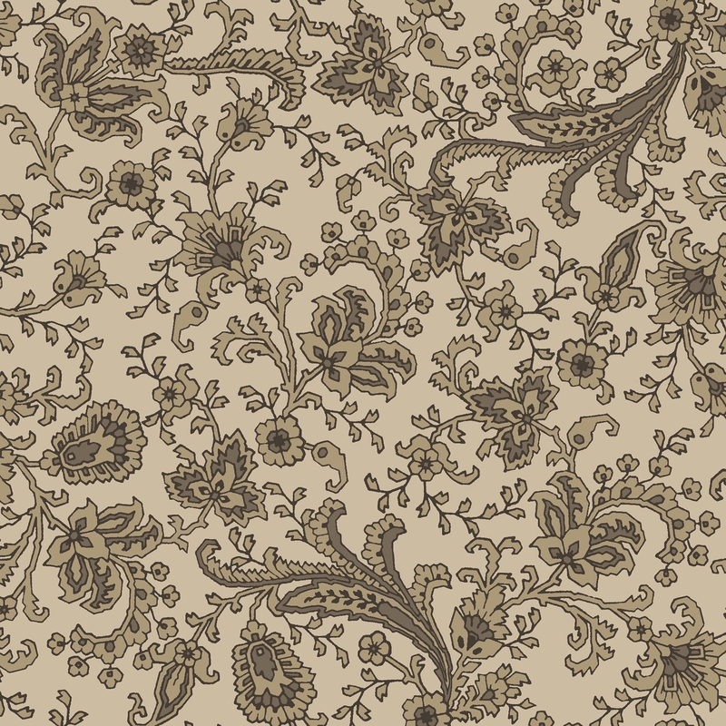 A taupe fabric featuring an intricate Jacobean floral print with swirling vines.
