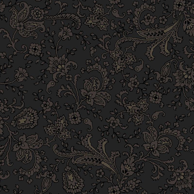A soft black fabric featuring an intricate Jacobean floral print with swirling vines.