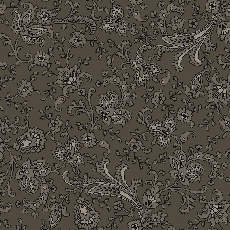A warm gray fabric featuring an intricate Jacobean floral print with swirling vines.