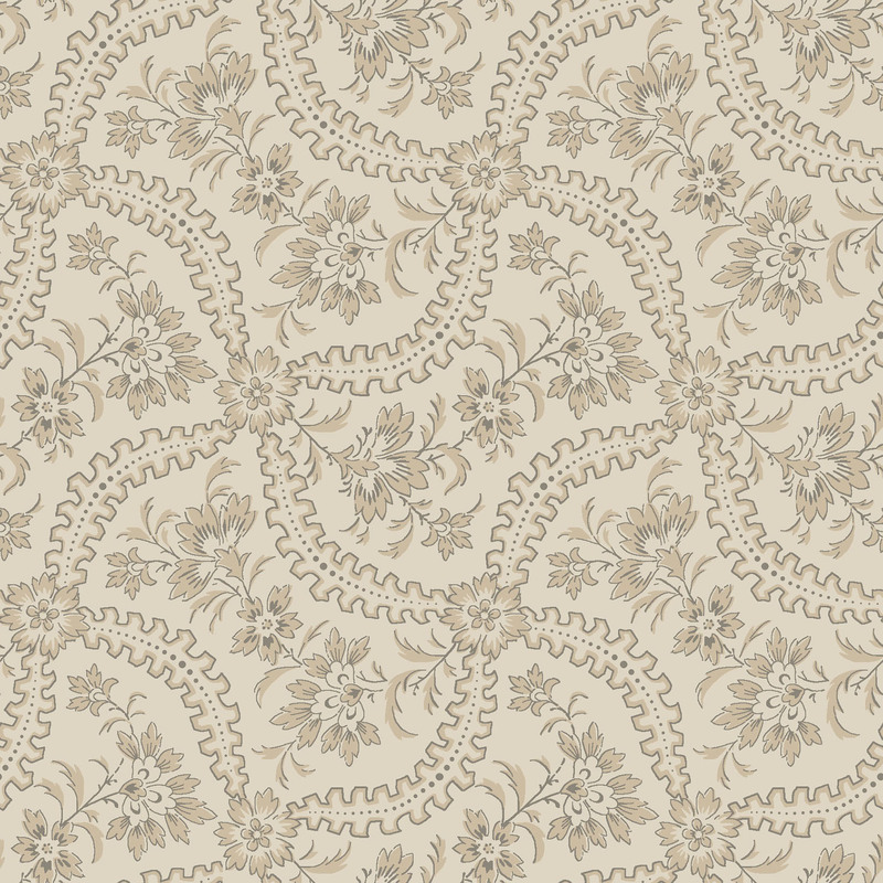 A beige fabric featuring a stylized floral pattern. 