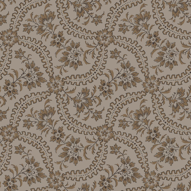A dark taupefabric featuring a stylized floral pattern. 