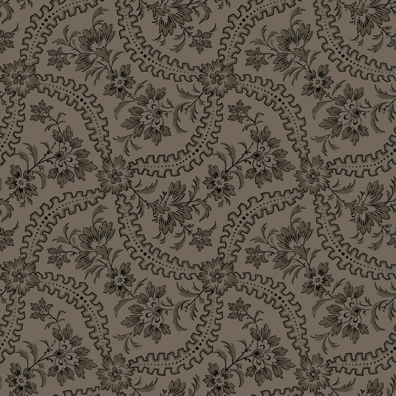 A warm gray fabric featuring stylized flowers. 