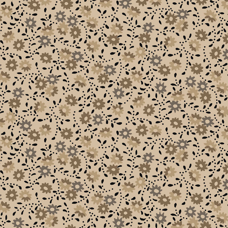 A taupe fabric featuring abstract florals and dotted lines. 