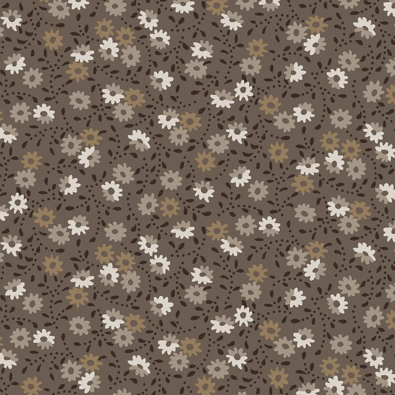 A warm gray fabric with floral motifs. 