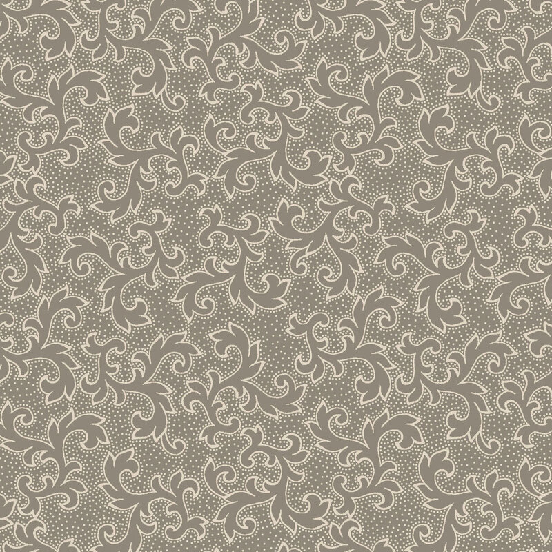 A dark greige fabric with leaf motifs.