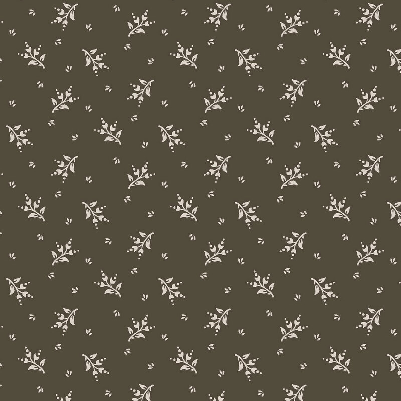 An olive brown fabric with scattered florals. 
