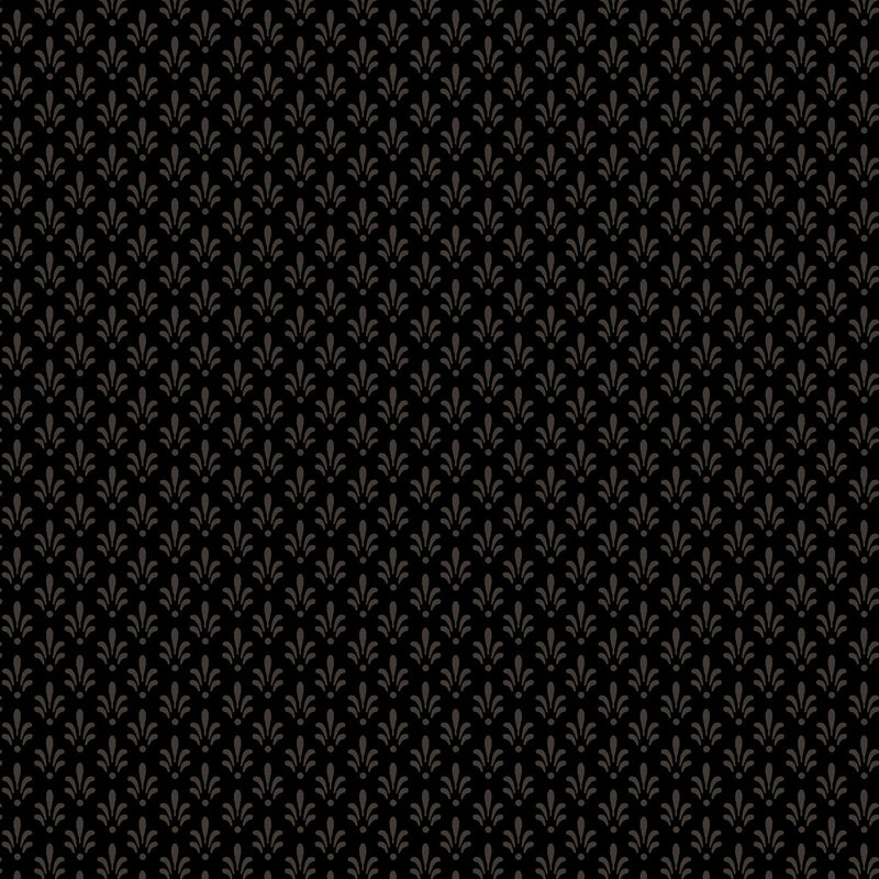 A black fabric with stylized floral motifs.