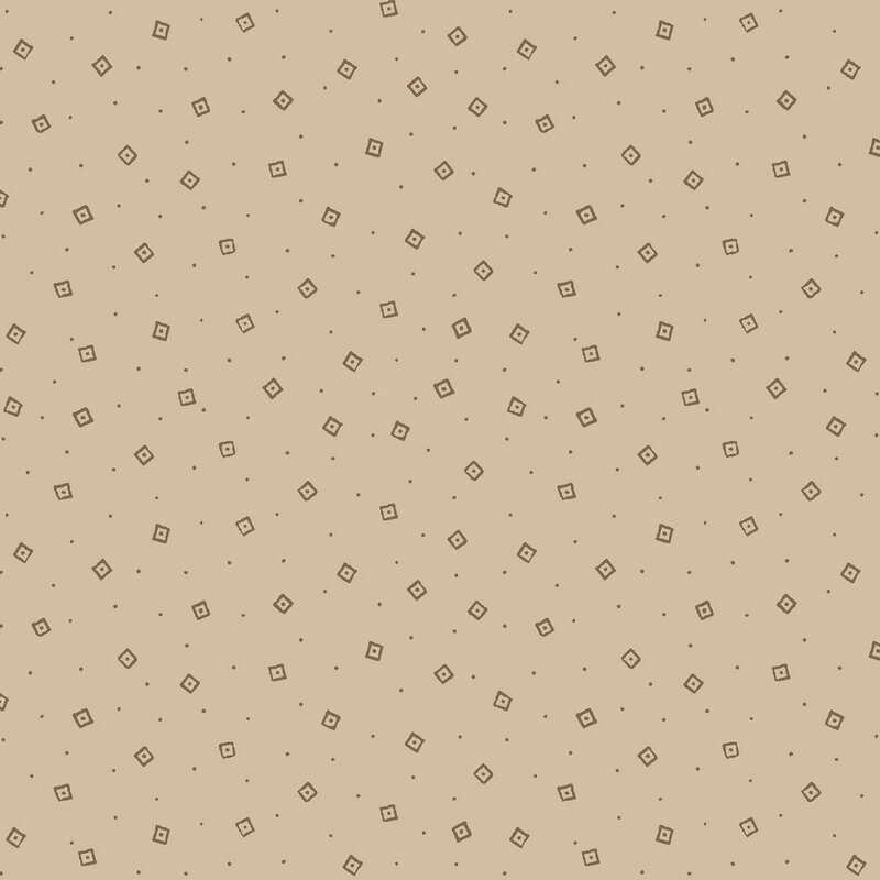 A sandy tan fabric with tossed squares and dots.