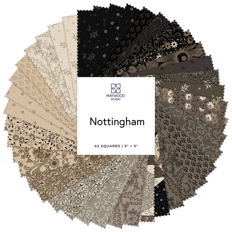 A collage of fabrics featured in the Nottingham Charm Pack by Maywood Studio.