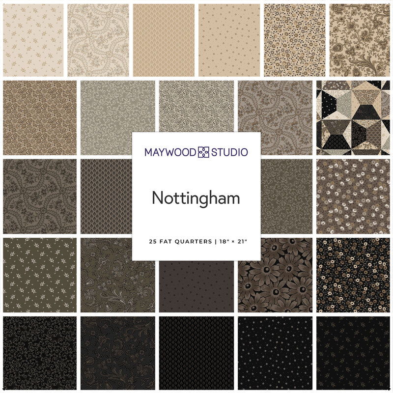 A collage of fabrics featured in the Nottingham Fat Quarter Bundle by Maywood Studio.