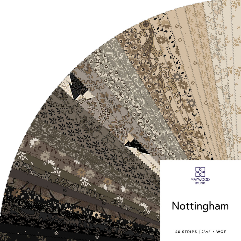 A collage of fabrics featured in the Nottingham Jelly Roll by Maywood Studio.