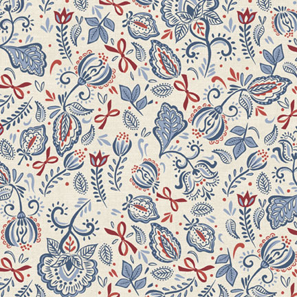 stylized florals and bows in shades of blue and red on a pale ecru background.