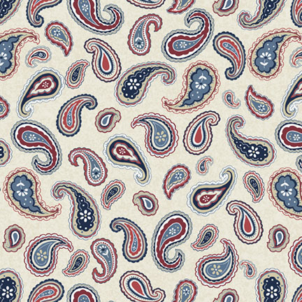 blue, red, and beige paisley motifs tossed on an ecru background.
