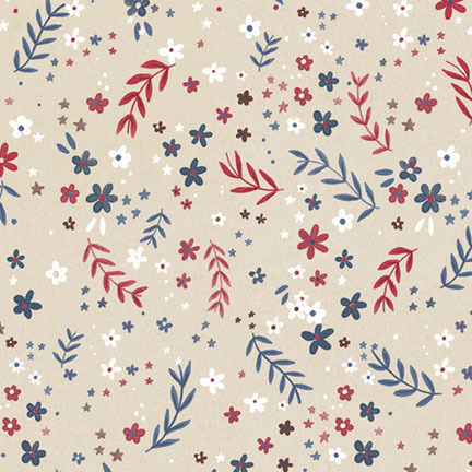 scattered pattern of florals, leaves, and stars in shades of red, blue, and white on a light taupe background 