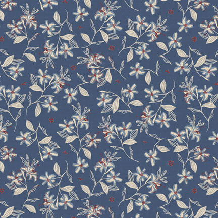 Beige and red florals scattered on a navy blue background.
