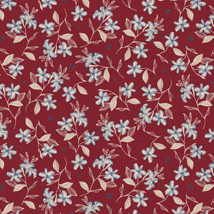 Beige and blue florals scattered on a cardinal red background.