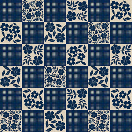 warm beige and navy checker fabric featuring alternating gingham and floral squares