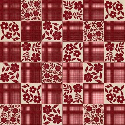 warm beige and red checker fabric featuring alternating gingham and floral squares