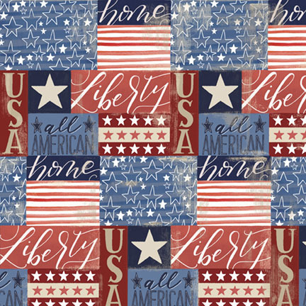 multicolored fabric featuring a packed collage of stars, stripes, and patriotic words.