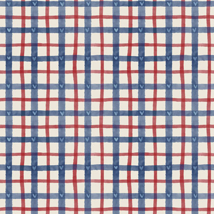 blue and red watercolor plaid pattern with heart details on a light beige background.