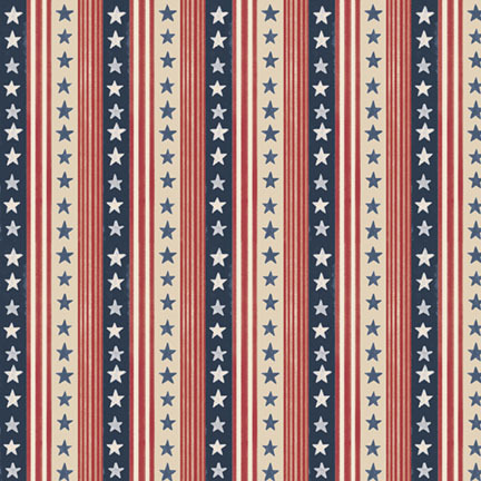 Dark indigo, red, and cream fabric featuring a vertical stripe pattern with repeating rows of stars.