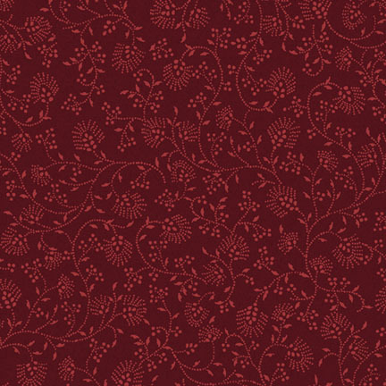 dark red fabric featuring a tonal floral vine pattern.