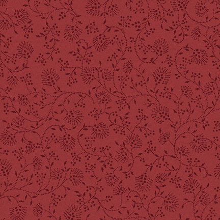 crimson red fabric featuring a tonal floral vine pattern.