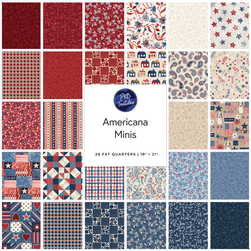 A collage of americana-themed fabrics in shades of blue, red, and cream