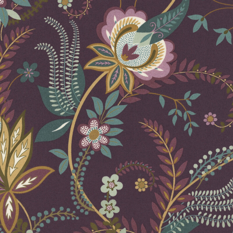 Burgundy fabric with stylized jacobean vines and florals.