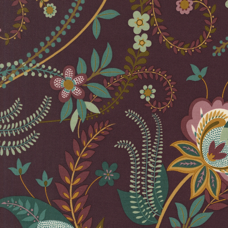 Burgundy fabric with stylized jacobean vines and florals.