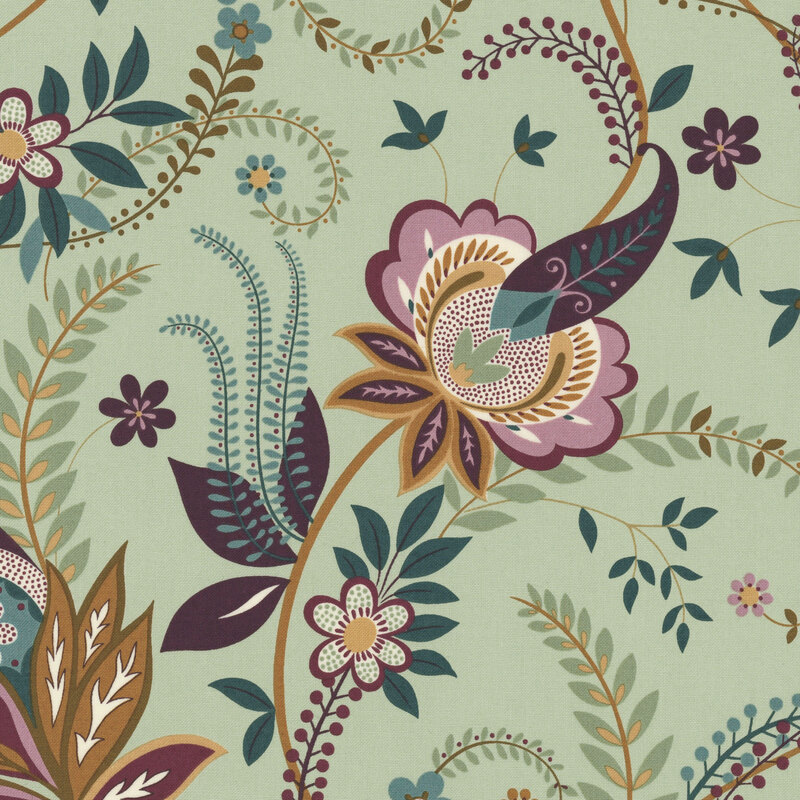 Sage fabric with stylized jacobean vines and florals.