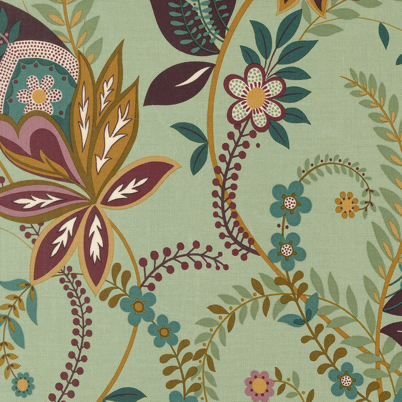 Sage fabric with stylized jacobean vines and florals.