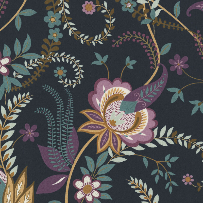 Midnight blue fabric with stylized jacobean vines and florals.