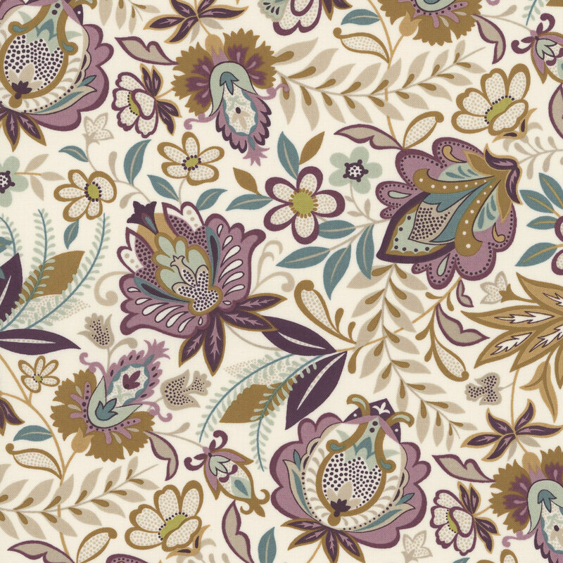 Cream fabric with a busy jacobean floral design.