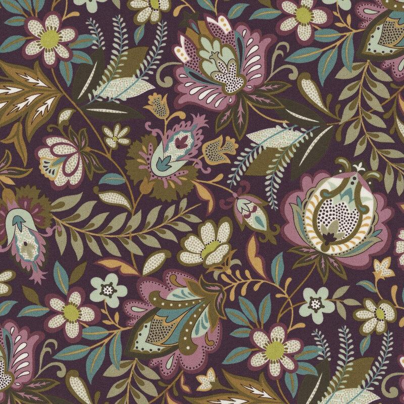 Aubergine fabric with a busy jacobean floral design.