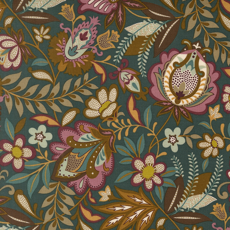 Dark Teal fabric with a busy jacobean floral design.