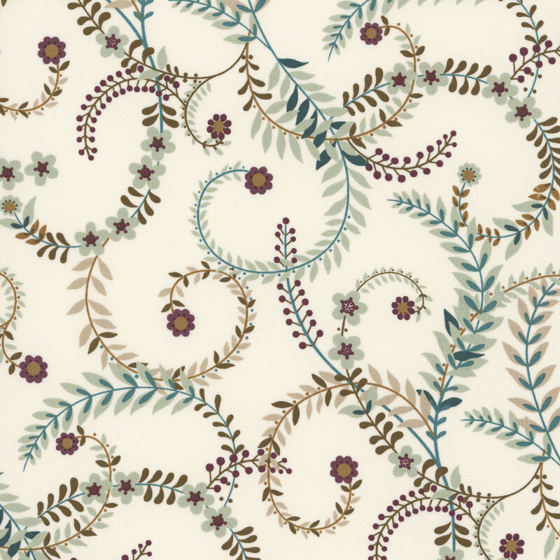 Cream fabric with swirling vines and florals in a jacobean style.