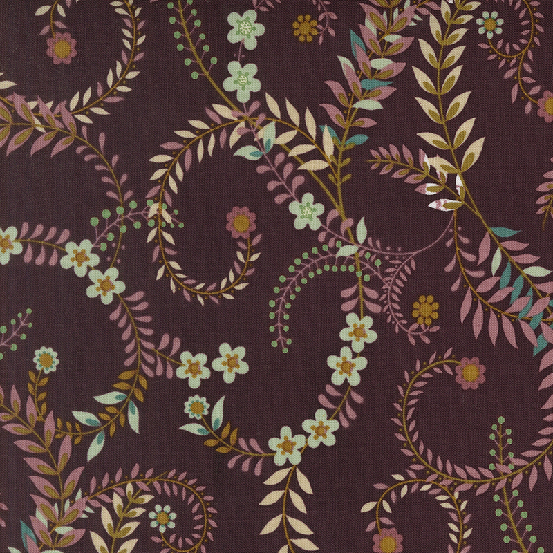 Burgundy fabric with swirling vines and florals in a jacobean style.