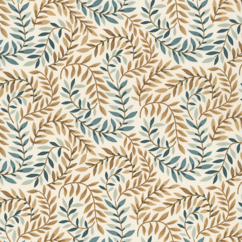 Cream fabric with swirling brown and blue vines and leaves.