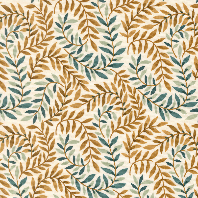 Cream fabric with swirling brown and blue vines and leaves.
