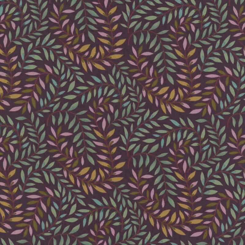 Burgundy fabric with swirling multicolor vines and leaves.