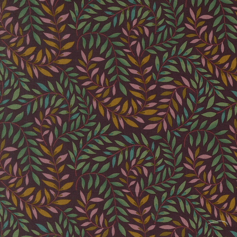 Burgundy fabric with swirling multicolor vines and leaves.