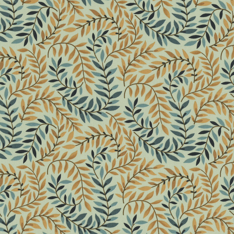 Sage fabric with swirling brown and teal vines and leaves.