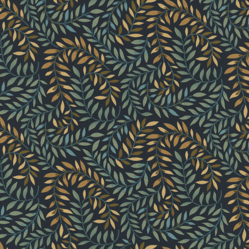 Midnight blue fabric with swirling brown and sage vines and leaves.