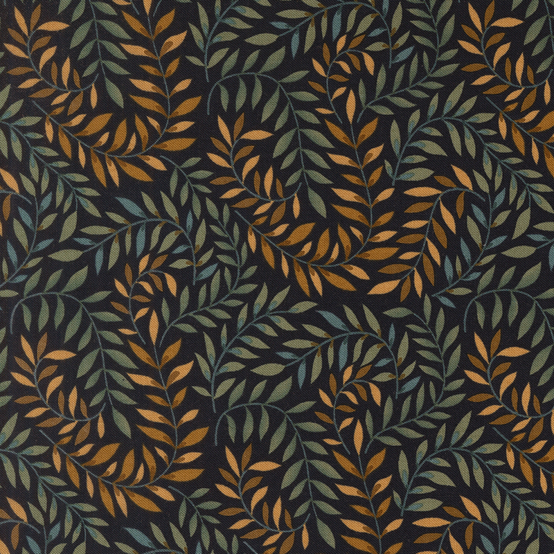 Midnight blue fabric with swirling brown and sage vines and leaves.