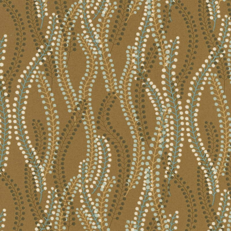 Suede brown fabric with overlapping, stylized floral sprigs.