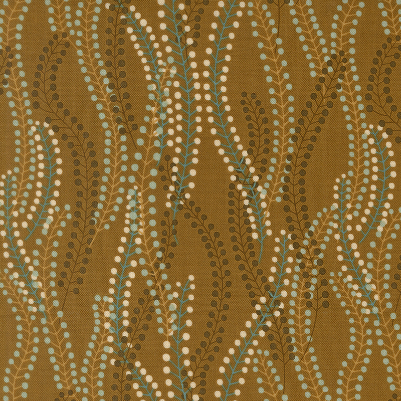 Suede brown fabric with overlapping, stylized floral sprigs.