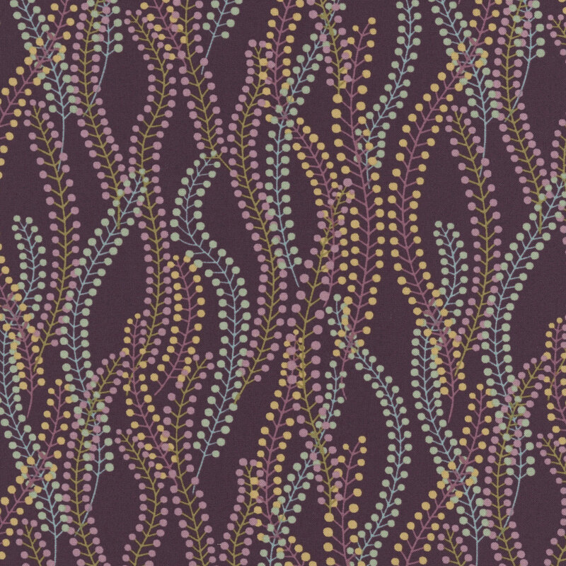 Mulberry fabric with overlapping, stylized floral sprigs.