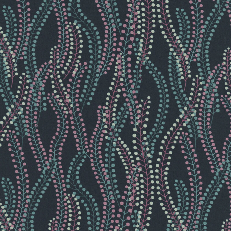 Midnight blue fabric with overlapping, stylized floral sprigs.
